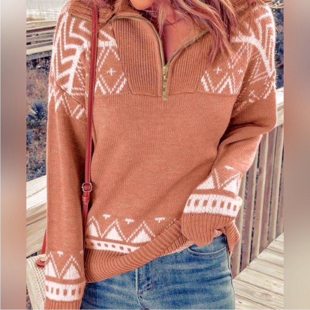 NWT, Western Southwest Classy Half Zip Pullover Sweater Top Dusty Pink White - Picture 2 of 8